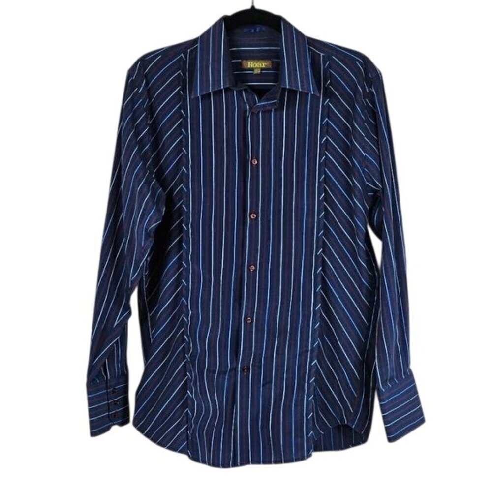 Vintage Roar Y2K Button Up Shirt M Spread Collar Navy Striped Fitted Casual